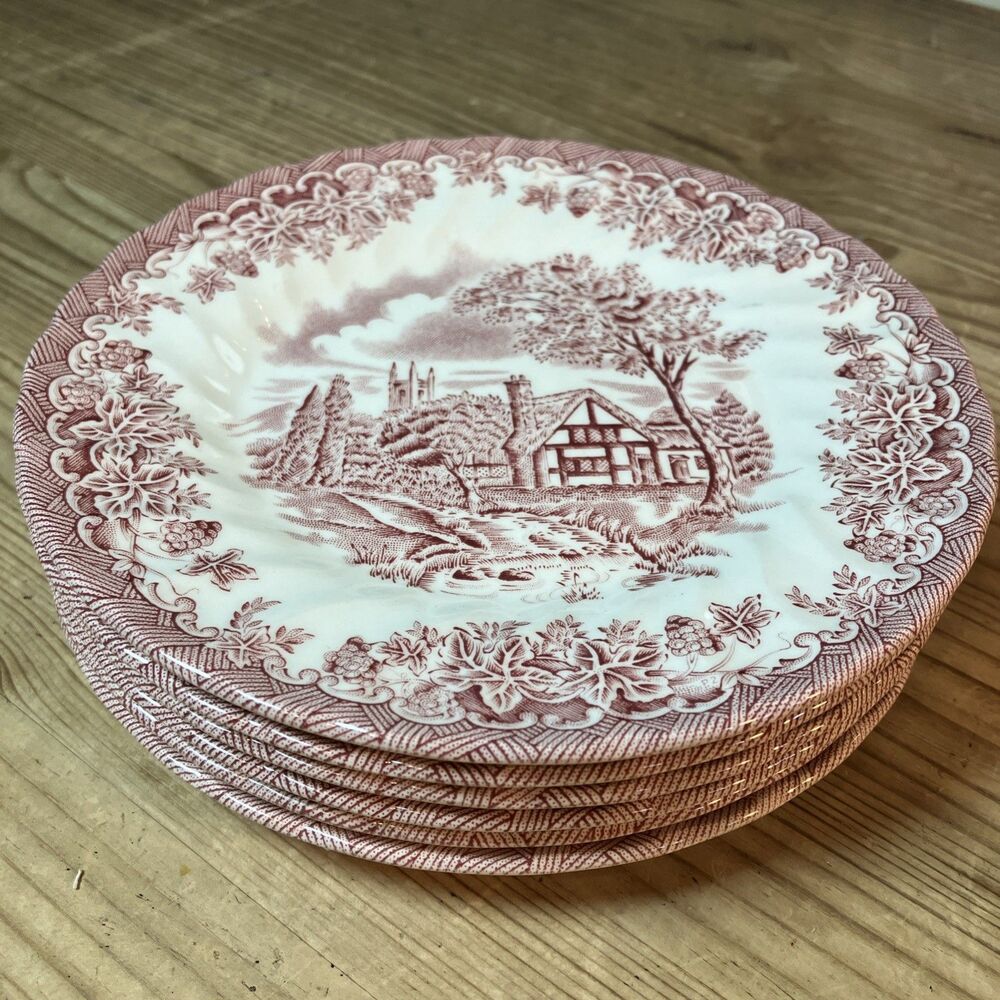 CHURCHILL BROOK PINK/Red Bread Plate, Made in England 6.75” Cottage Lot Of 6